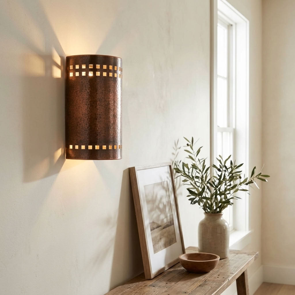 Hammered Copper Cylinder Wall Sconce with Square Cutouts