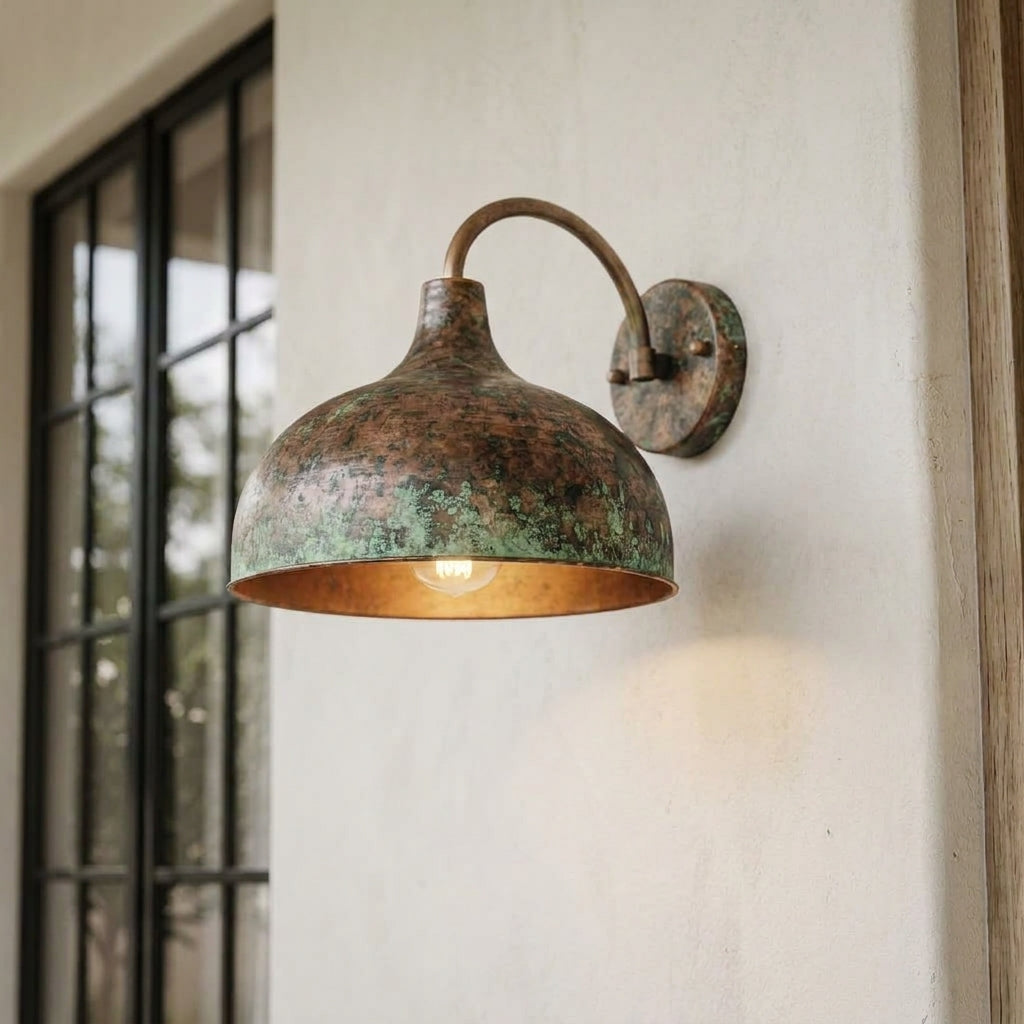 Verdigris Copper Dome Wall Sconce with Curved Arm