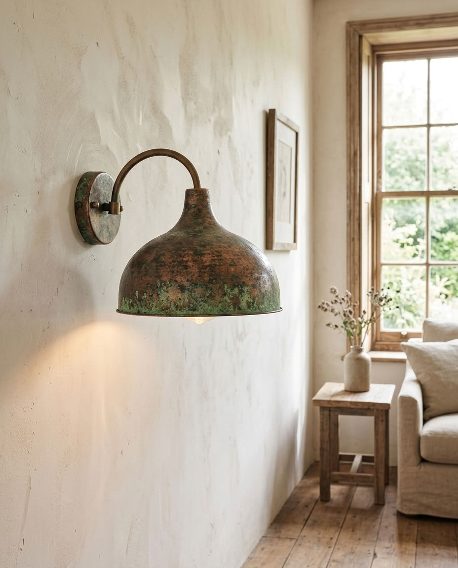 Verdigris Copper Dome Wall Sconce with Curved Arm