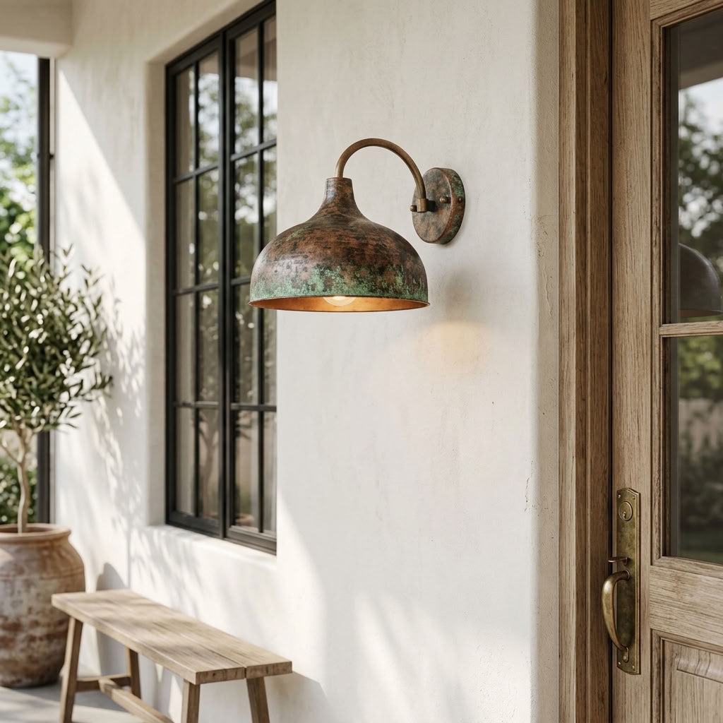 Verdigris Copper Dome Wall Sconce with Curved Arm