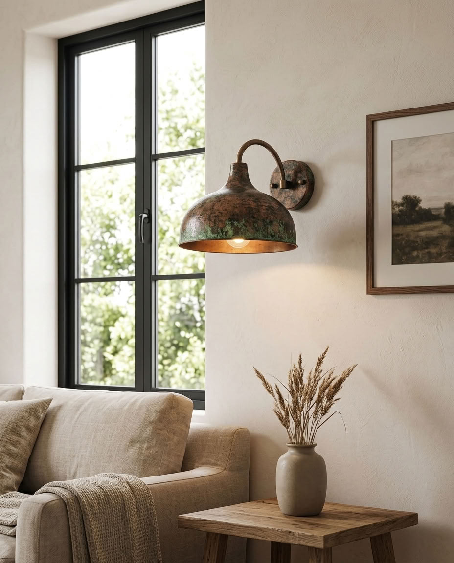 Verdigris Copper Dome Wall Sconce with Curved Arm