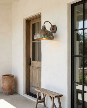 Verdigris Copper Dome Wall Sconce with Curved Arm